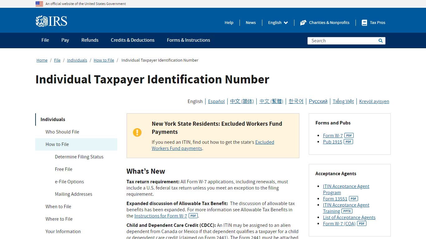 Individual Taxpayer Identification Number | Internal Revenue Service